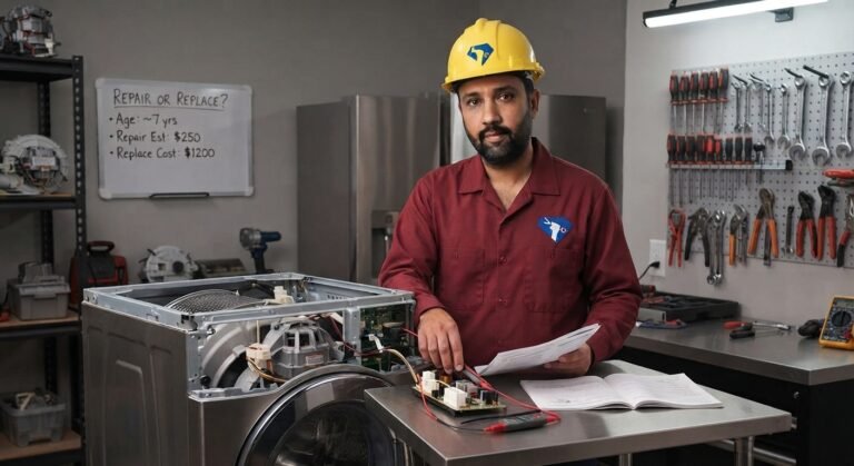 Repair or replace appliance-Professional appliance technician diagnosing a washing machine issue