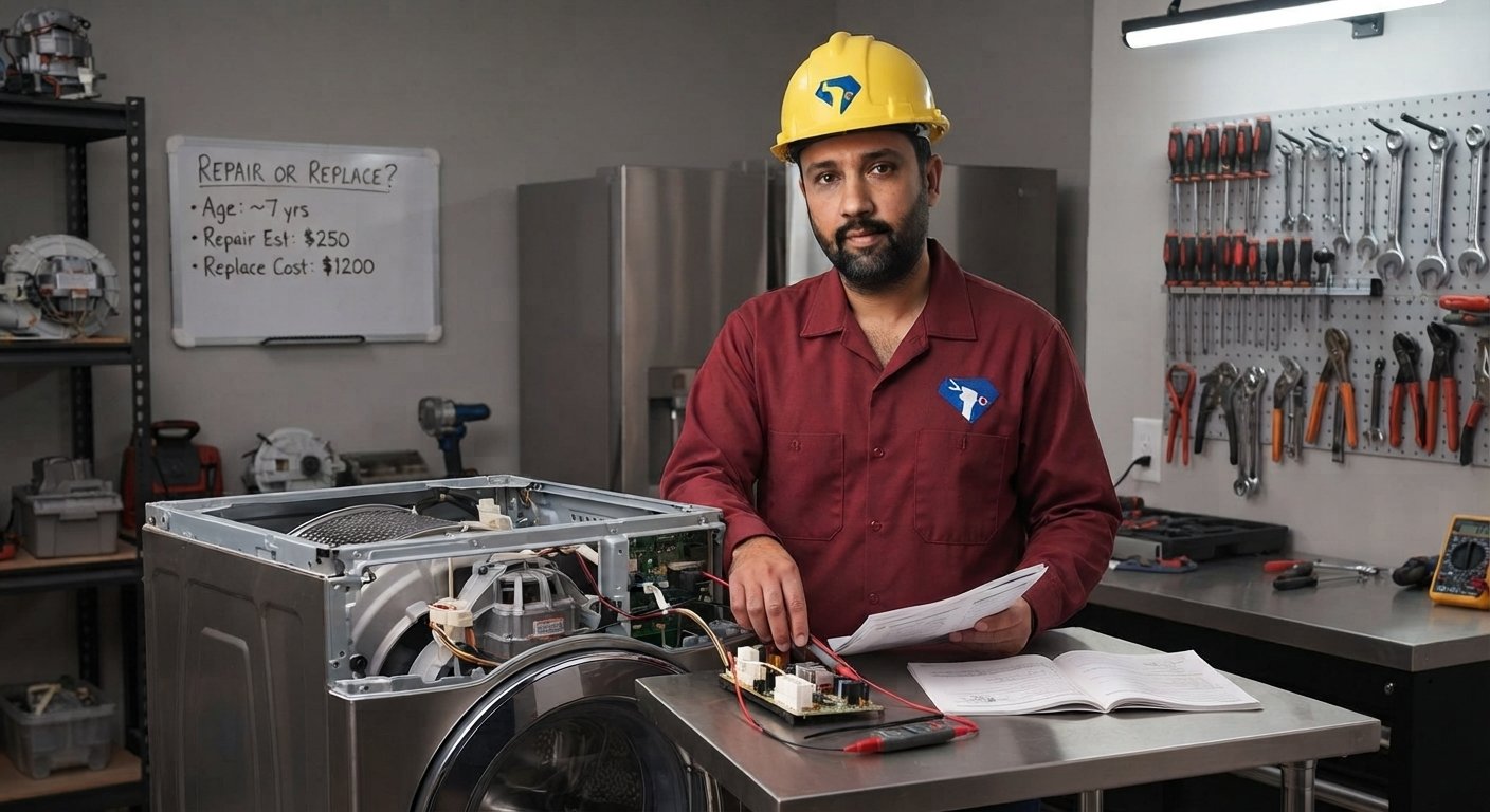 Repair or replace appliance-Professional appliance technician diagnosing a washing machine issue