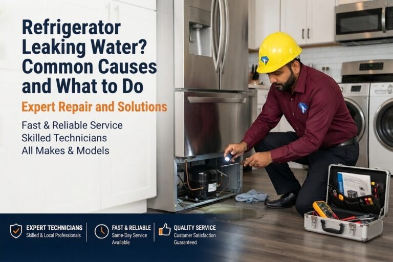 Technician inspecting a refrigerator leaking water