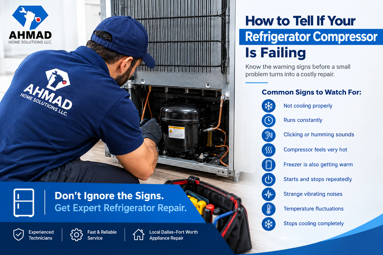 Technician inspecting a refrigerator compressor for cooling problems